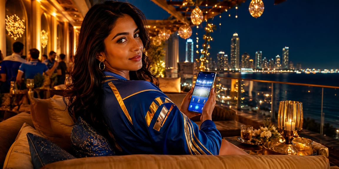 Crowded marketplace with cricket fans betting on mobile devices at night in India